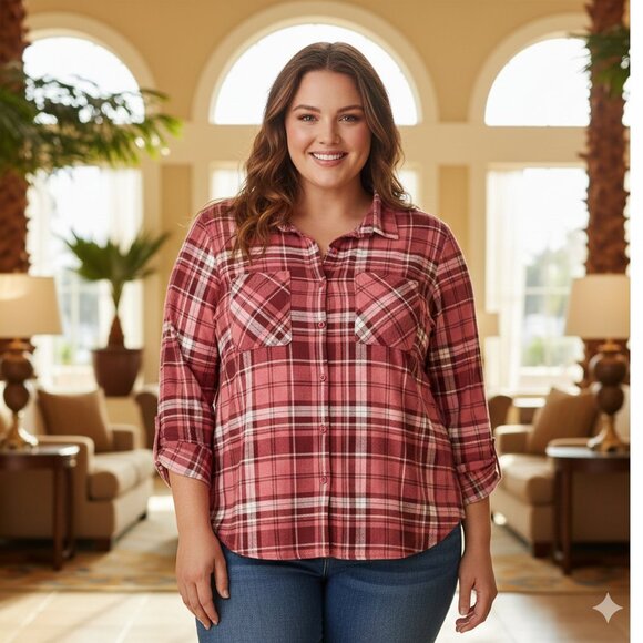 By Design Tops - By Design Red Plaid Button-Up Shirt Size 3X